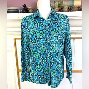 Talbots Bright pattern cotton poplin preppy button down shirt NWOT